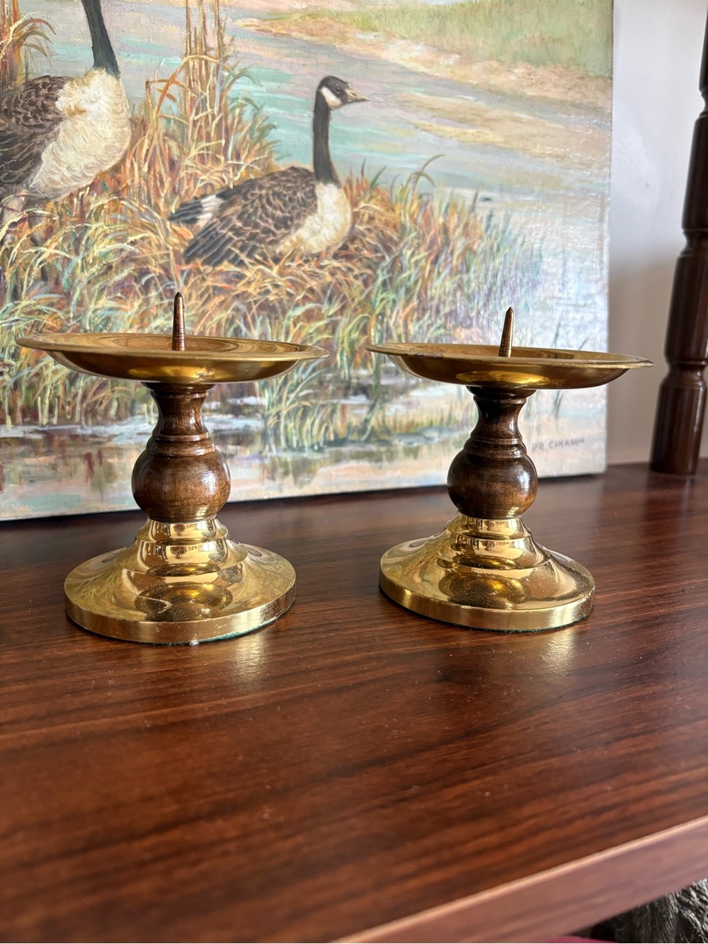 Vintage Mid Century Brass and Wood Candleholders pair